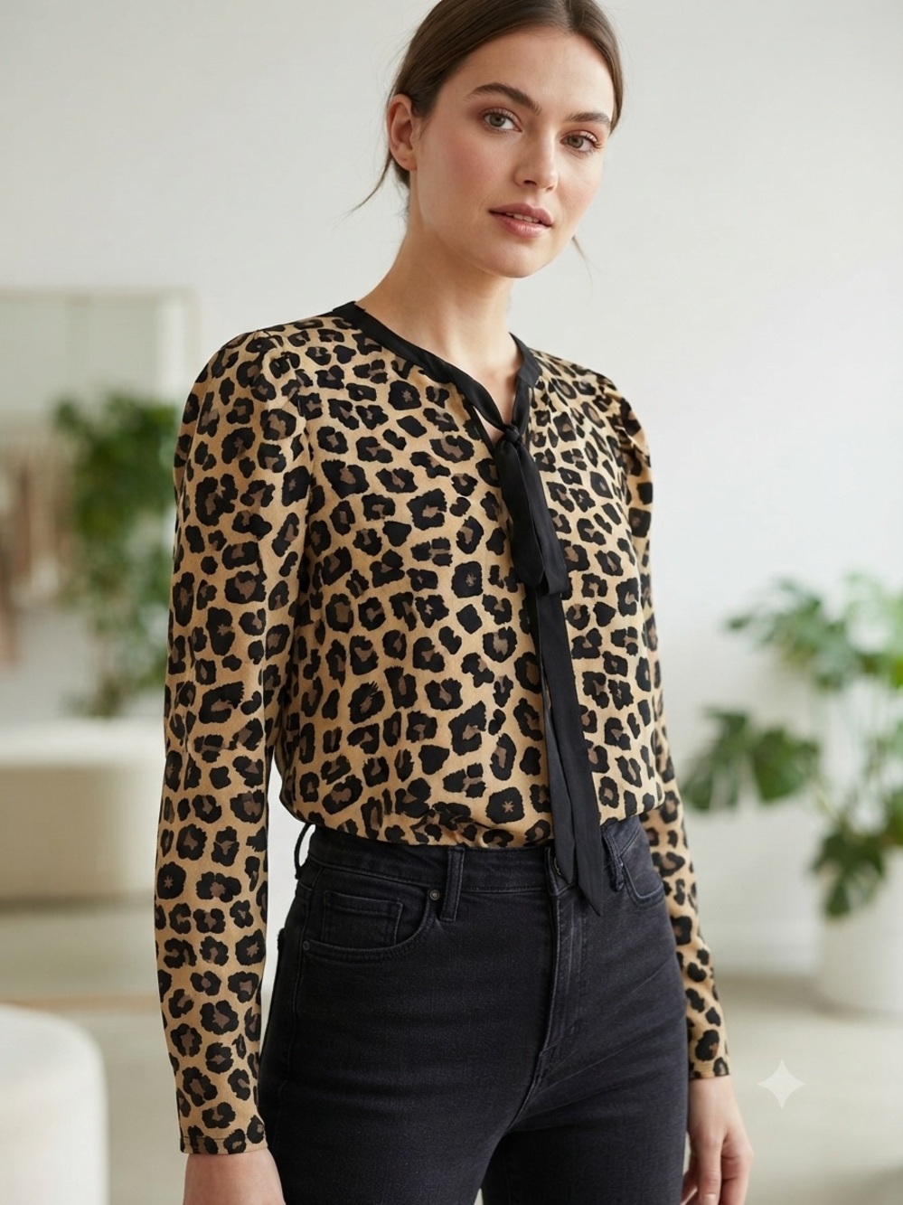 MELLODAY Leopard Print Tie-Neck Blouse - Black & Tan